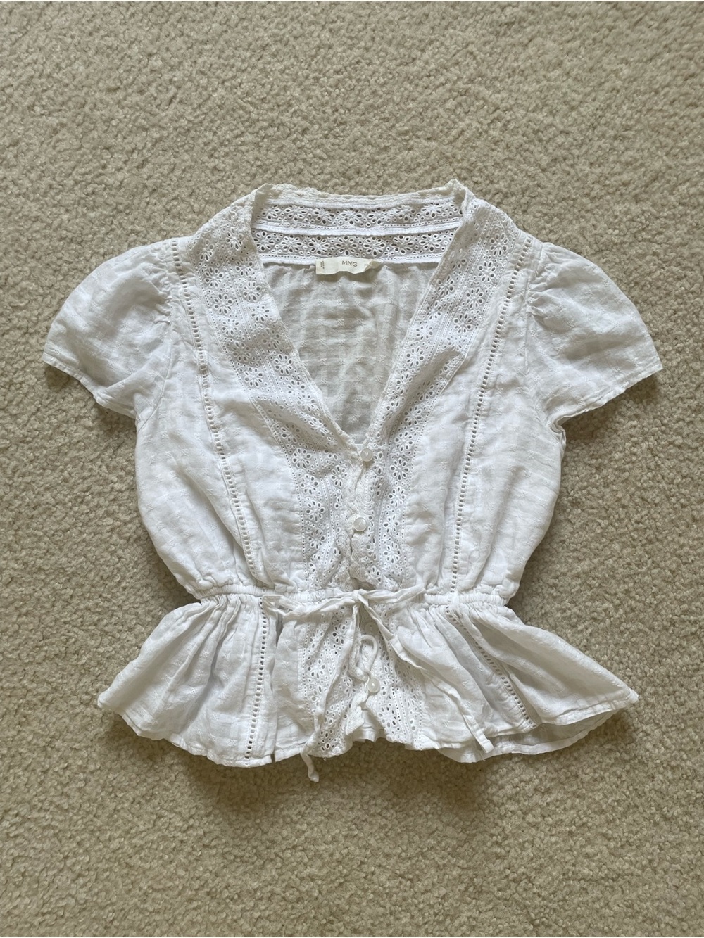 Mango White Eyelet Tie-Waist Peplum Blouse